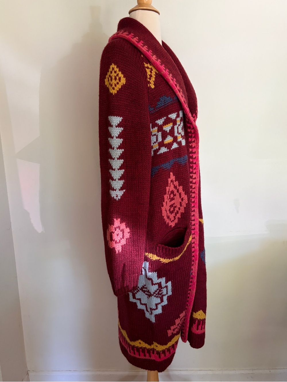 Sundance Women’sSouthwestern Cardigan Duster Sweater Coat Burgundy Boho NWT - Picture 3 of 11